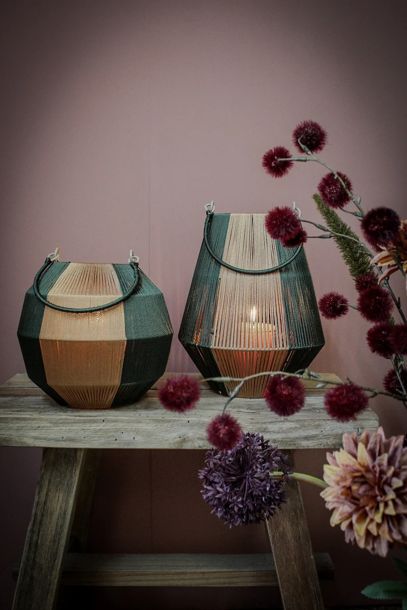 pc. 1 fabric lantern/hanging green/gold 19,5x17,5 cm