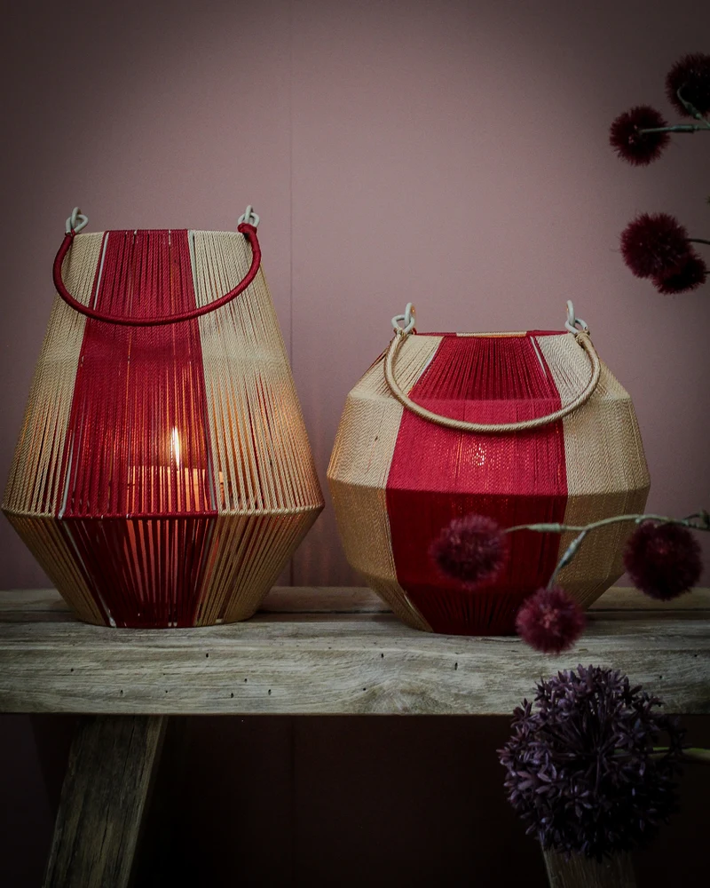 pc. 1 fabric lantern/hanging dark red/gold 20x24 cm