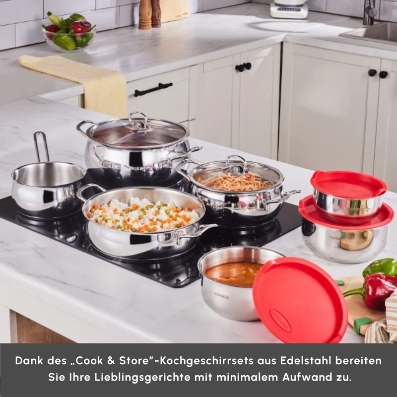 Karaca Induktions Stahl Kochgeschirr Set mit Gratis Vorratsbehälter, 13 Teilig