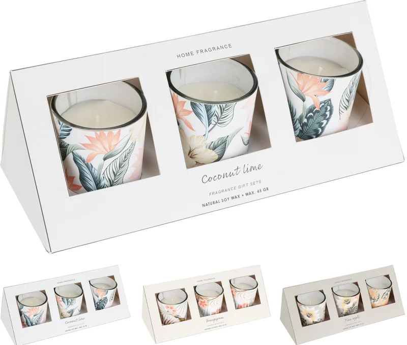SATZ/3 KERZE IM GLAS MIT DRUCK BLUMEN D5 H6CM 3 SORTIERT