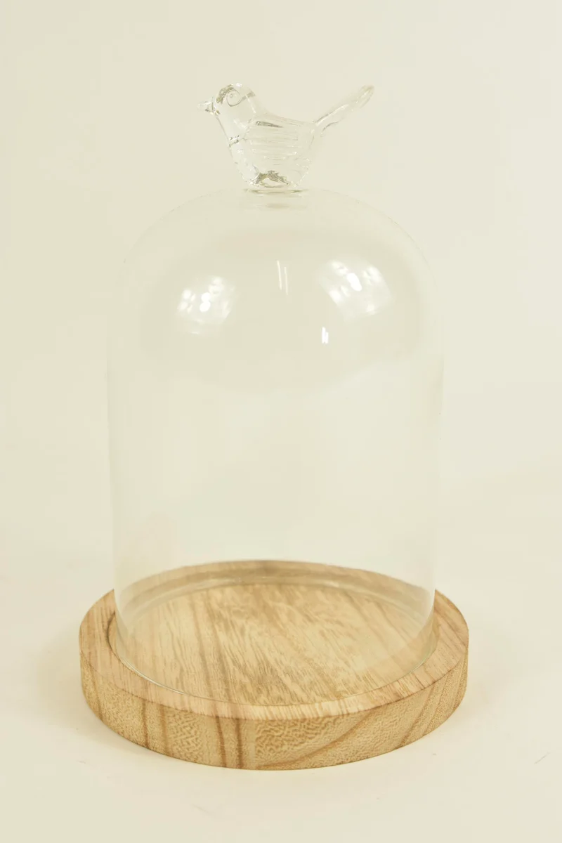 GLASVOGEL MIT GLOCKE D11X16H AUF HOLZSOCKEL NATUR