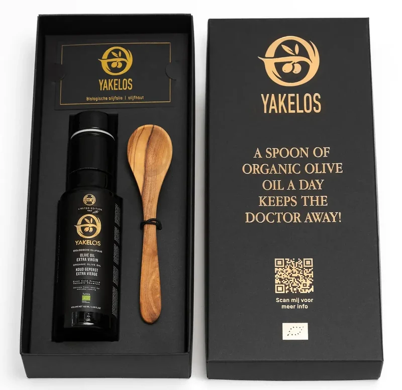 Yakelos Bio-Olivenöl extra vergine – 100 ml Probierpackung mit Olivenholzlöffel