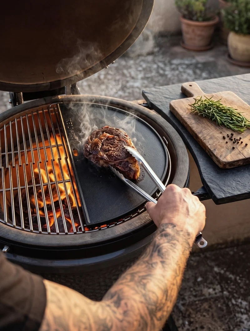 Keij Kamado Halbe Mond Grillplatte / Plancha Large - Emaille Gusseisen - 2-seitig - 46,5 cm - für 21 Zoll Kamados - Universell