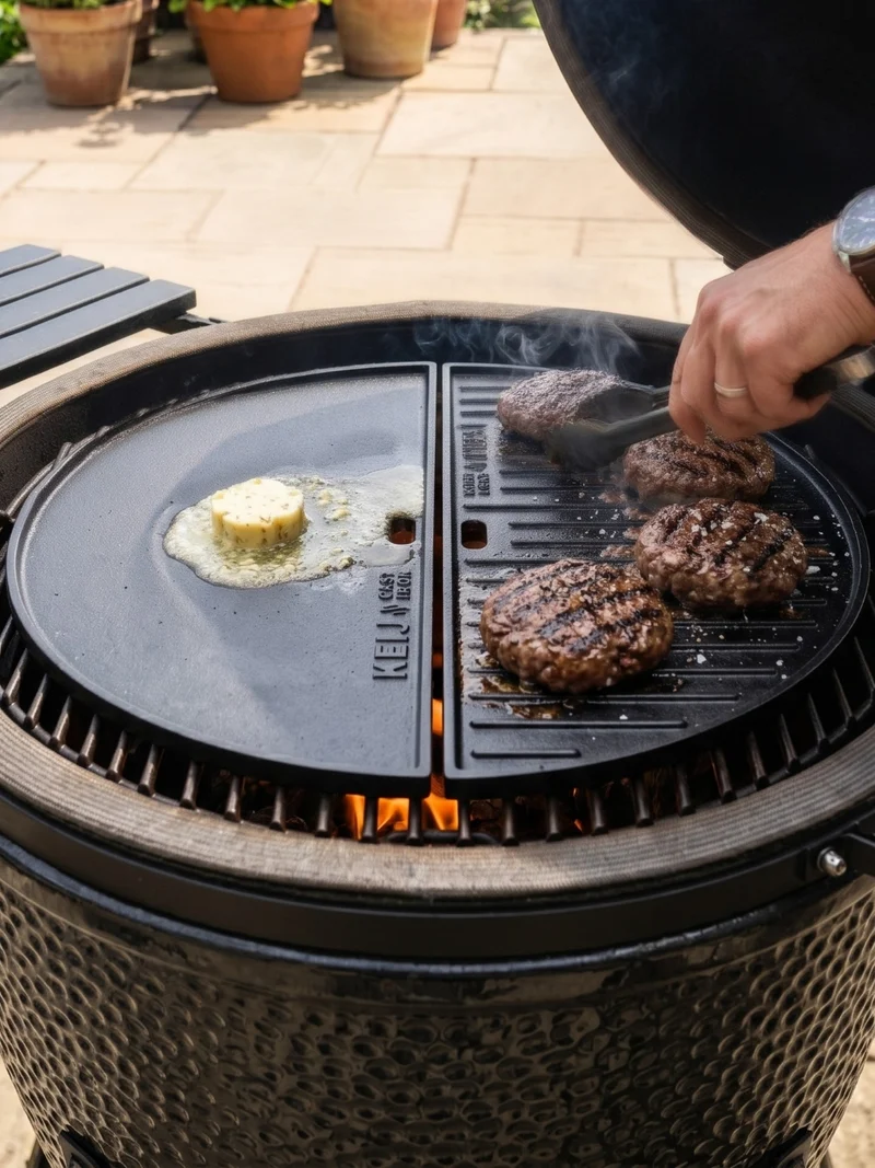 Keij Kamado Halbe Mond Grillplatte / Plancha Large - Emaille Gusseisen - 2-seitig - 46,5 cm - für 21 Zoll Kamados - Universell