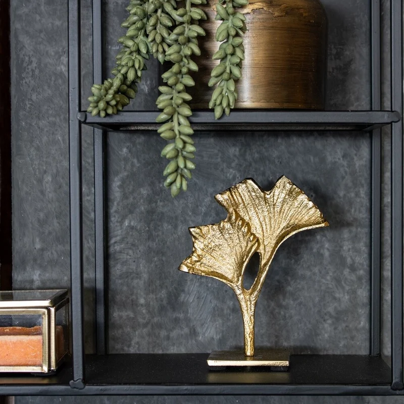 Ginko blad deco op voet aluminium 10,5x9x4,5cm goud