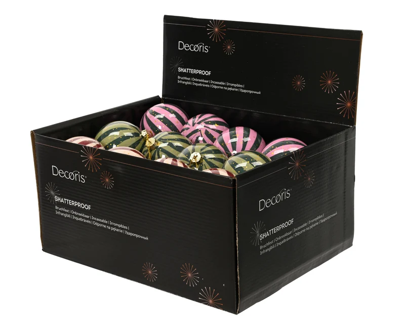 Kerstbal polyfoam shiny stripe 3 kleuren assortie D.8cm
