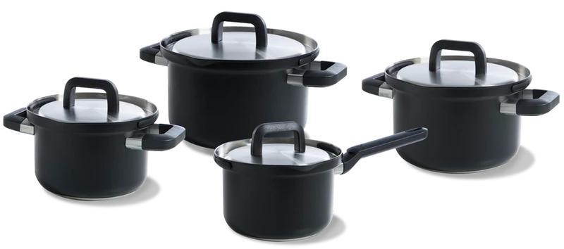 BK Topfset Flow Cool Schwarz 4-teilig -Edelstahl - Kochtöpfe ø 16, 18, 20 cm & Stieltopf ø 16 cm
