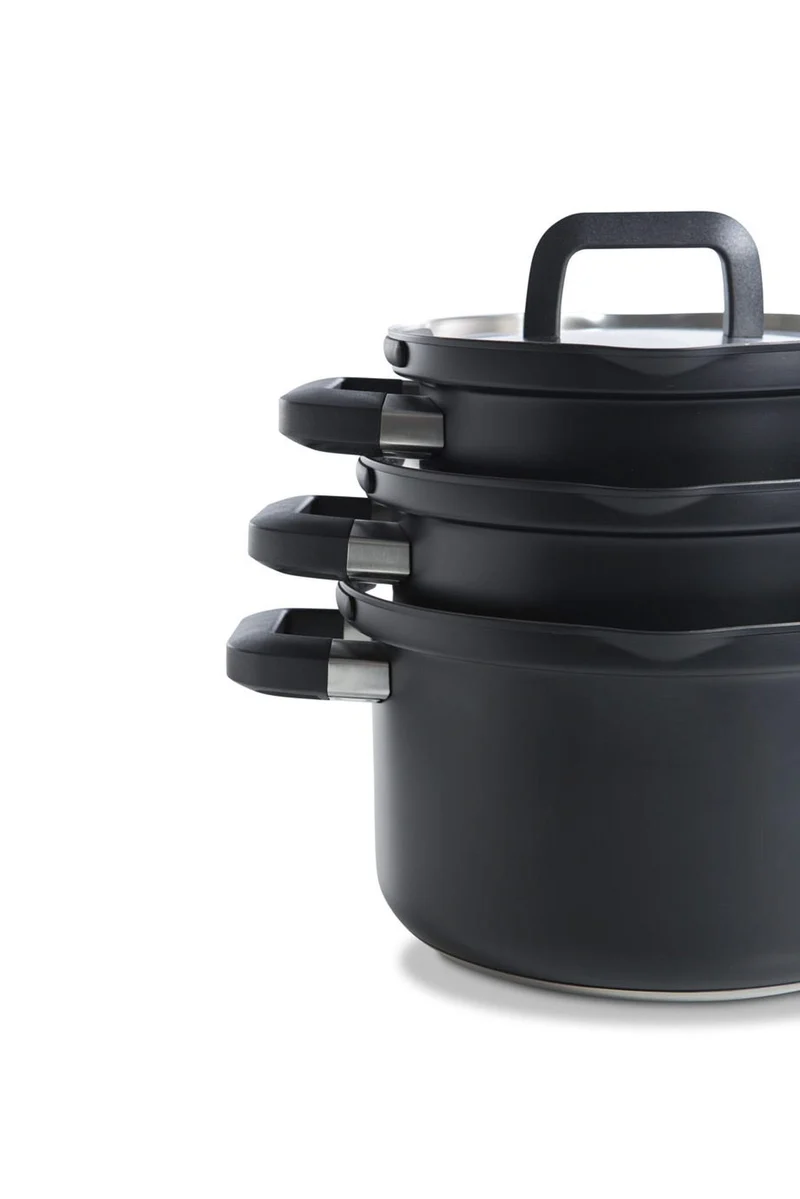 BK Topfset Flow Cool Schwarz 4-teilig -Edelstahl - Kochtöpfe ø 16, 18, 20 cm & Stieltopf ø 16 cm