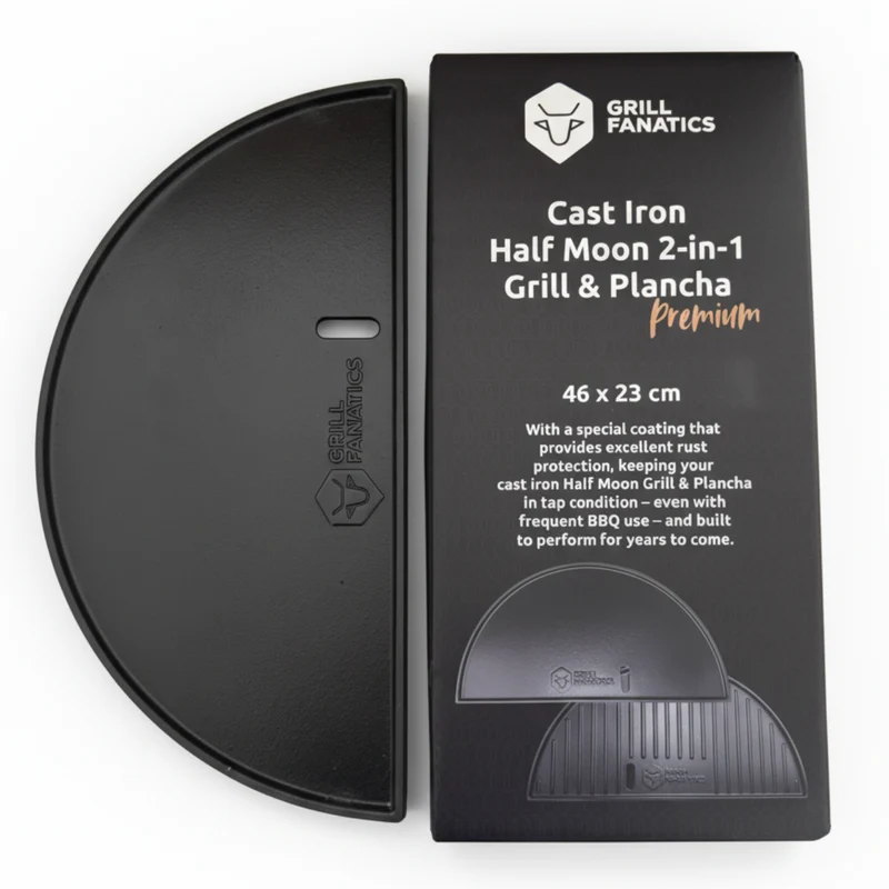 Cookinglife Halbmond-Grillplatte / Gusseisen-Plancha - Doppelseitig - Geeignet für 46 cm Kamados