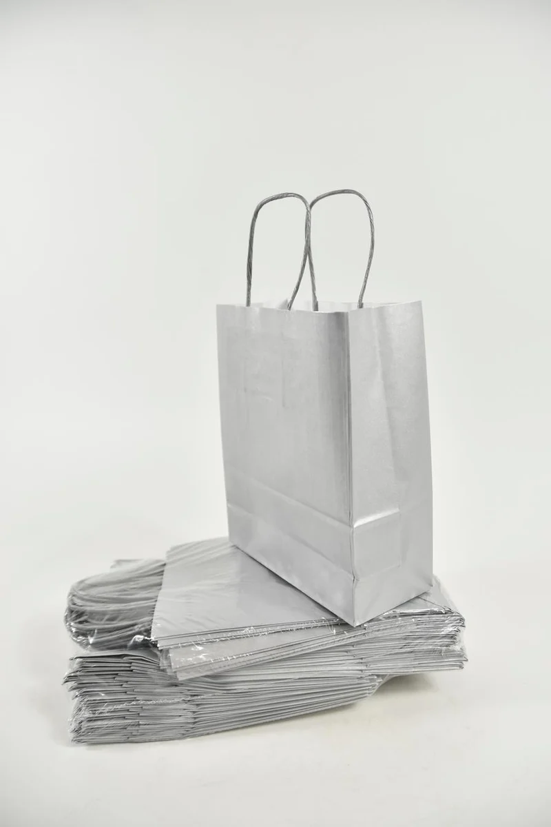 Tragetasche Silber Kraft 18 + 8x22 cm zu 50 Stück gedreht Handv.