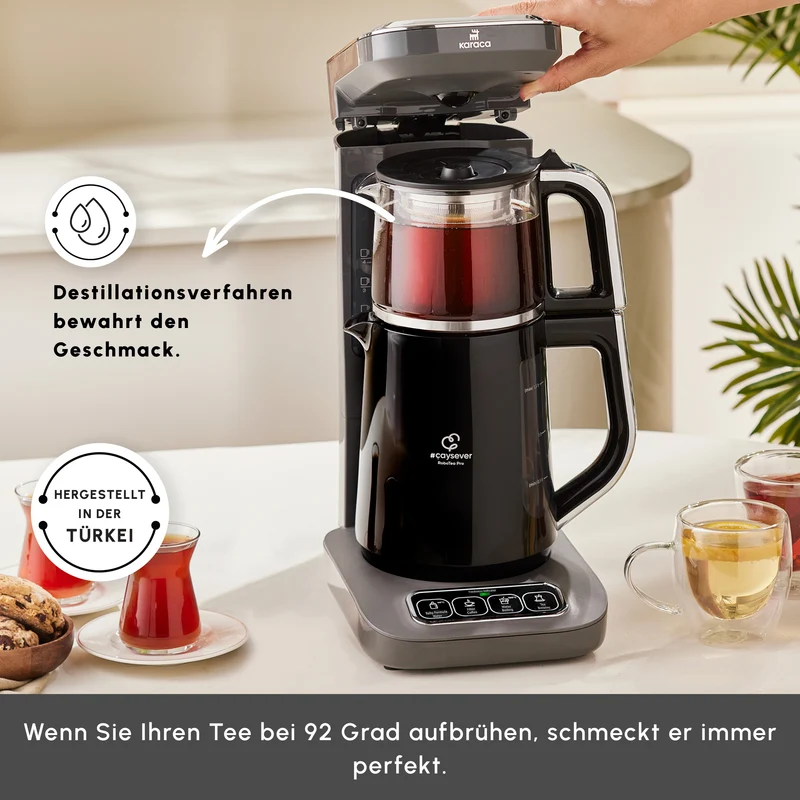 Karaca Caysever Robotea Pro 4 in 1 sprechender automatischer Teekocher Wasserkocher und Filterkaffeemaschine 2500W Space Grau