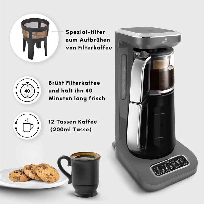 Karaca Caysever Robotea Pro 4 in 1 sprechender automatischer Teekocher Wasserkocher und Filterkaffeemaschine 2500W Space Grau