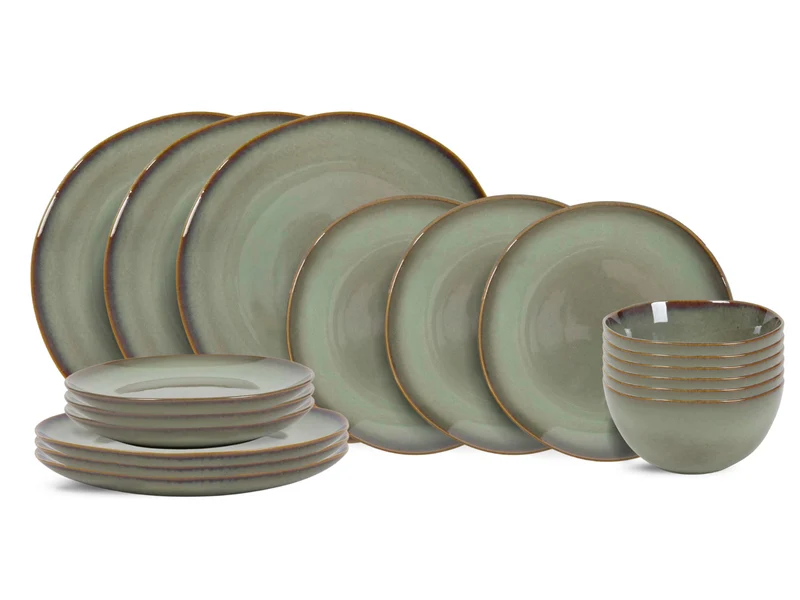 Cookinglife Geschirrset Sabi Grün 18-teilig / 6 Personen - 6 Speiseteller, 6 Frühstücksteller und 6 Schalen
