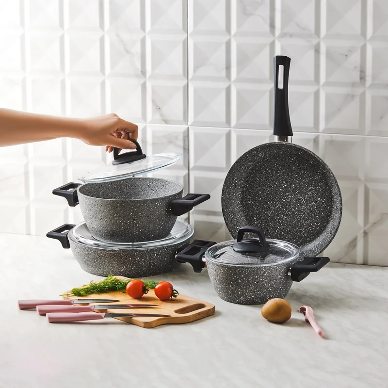 Karaca Biogranit Stella Gray 11-teiliges Kochtopfset mit Messerset Geschenk