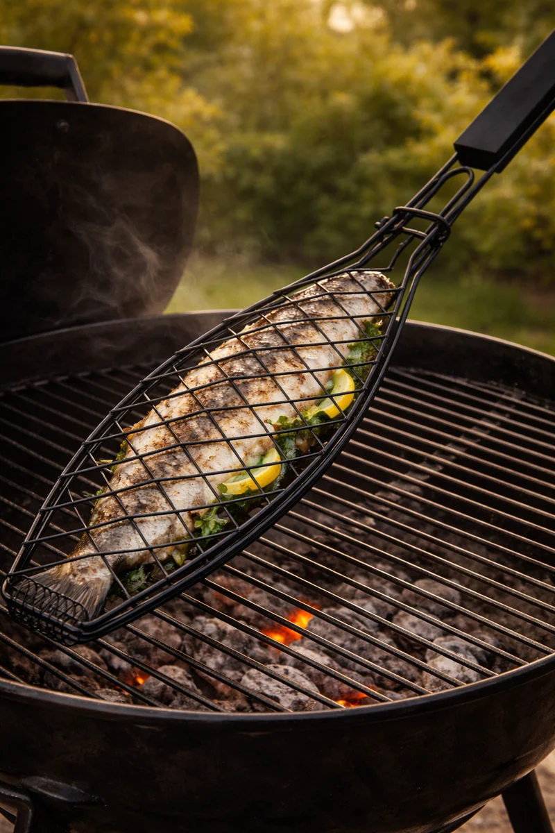 Cookinglife BBQ Fischgrill Fire & Flavour - Antihaft Metall - Grillen von Fisch und Gemüse