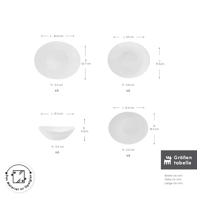 Karaca White Pure Opal Glas Tafelservice 24-teilig für 6 Personen