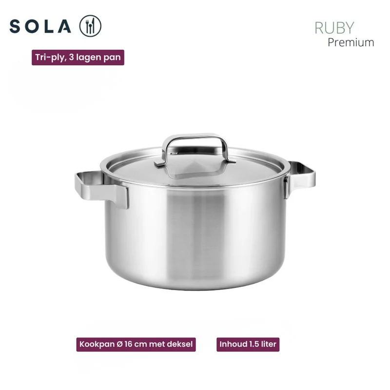 Sola Topfset Ruby 7-Teilig Premium Triply Edelstahl - Kochtopf ø 16, 18, 20 und 24 cm und Stielkasserolle ø 16 cm & BEKA Bratpfannen Pro Induc ø 24 & 28 cm