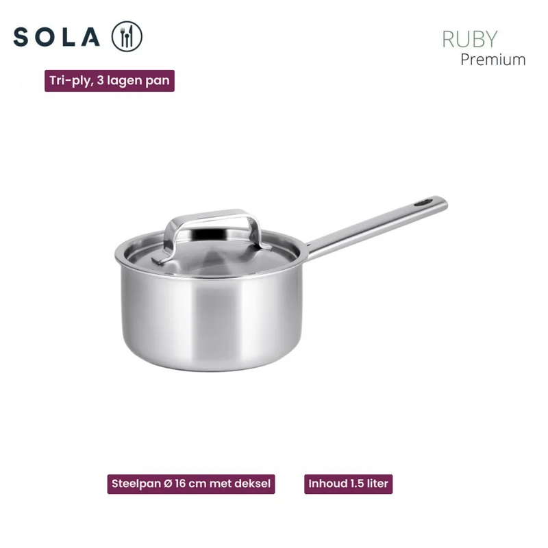 Sola Topfset Ruby 7-Teilig Premium Triply Edelstahl - Kochtopf ø 16, 18, 20 und 24 cm und Stielkasserolle ø 16 cm & BEKA Bratpfannen Pro Induc ø 24 & 28 cm