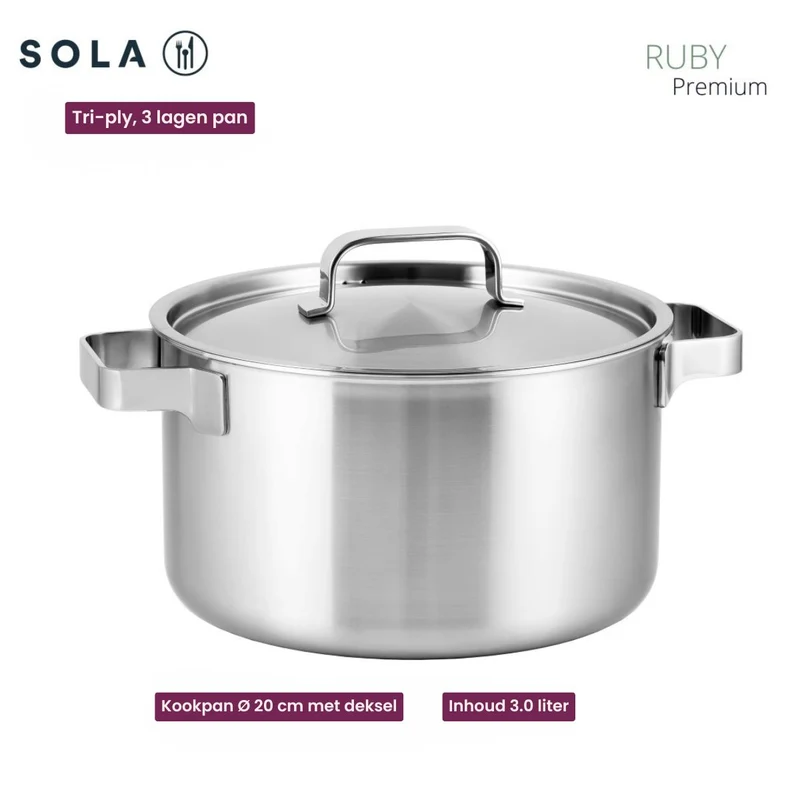 Sola Topfset Ruby 7-Teilig Premium Triply Edelstahl - Kochtopf ø 16, 18, 20 und 24 cm und Stielkasserolle ø 16 cm & BEKA Bratpfannen Pro Induc ø 24 & 28 cm