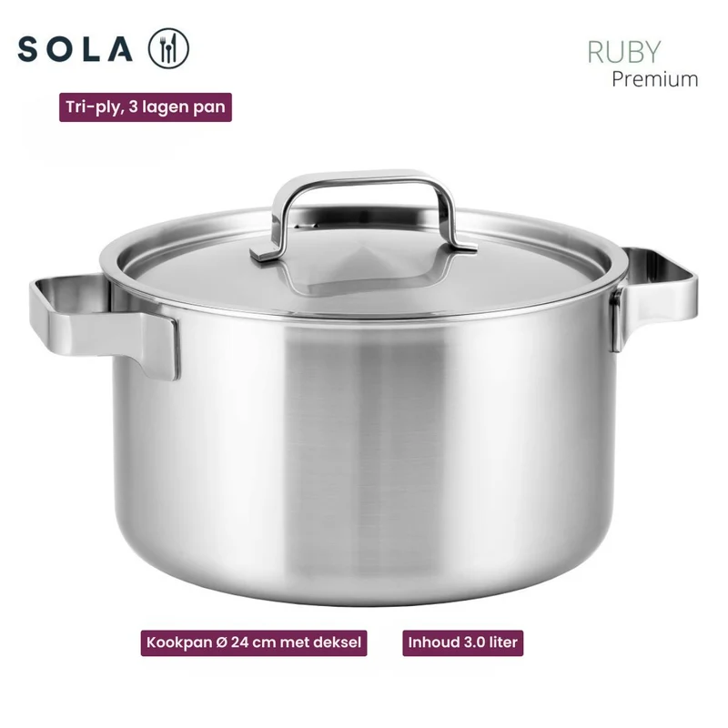 Sola Topfset Ruby 7-Teilig Premium Triply Edelstahl - Kochtopf ø 16, 18, 20 und 24 cm und Stielkasserolle ø 16 cm & BEKA Bratpfannen Pro Induc ø 24 & 28 cm