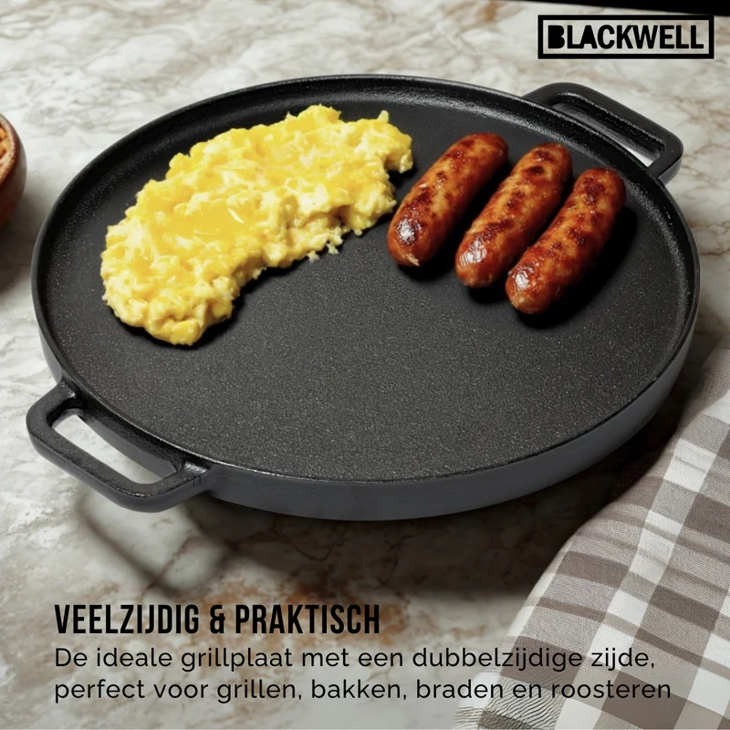 Blackwell Grillplatte BBQ / Backplatte aus Gusseisen Ø 30 cm – ohne Antihaftbeschichtung – beidseitig
