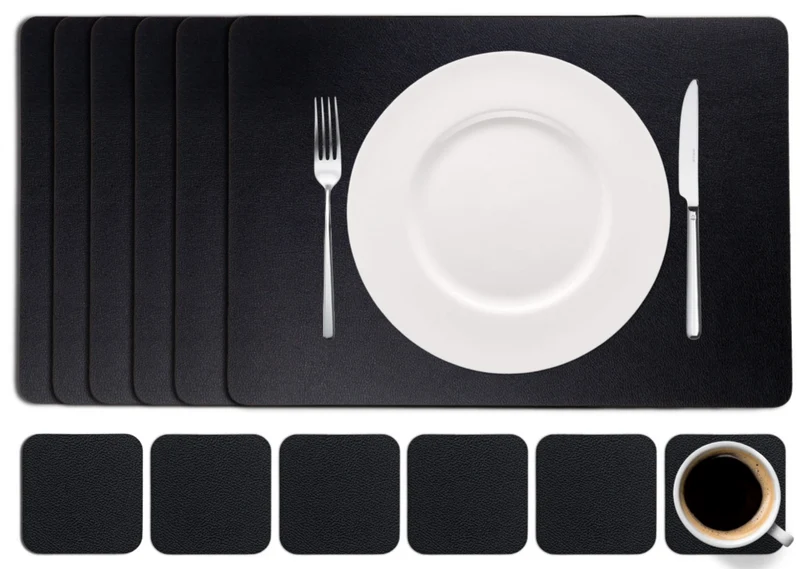 Cookinglife 6 Platzsets + 6 Untersetzer - Veganes Leder - Schwarz - 12 Stück