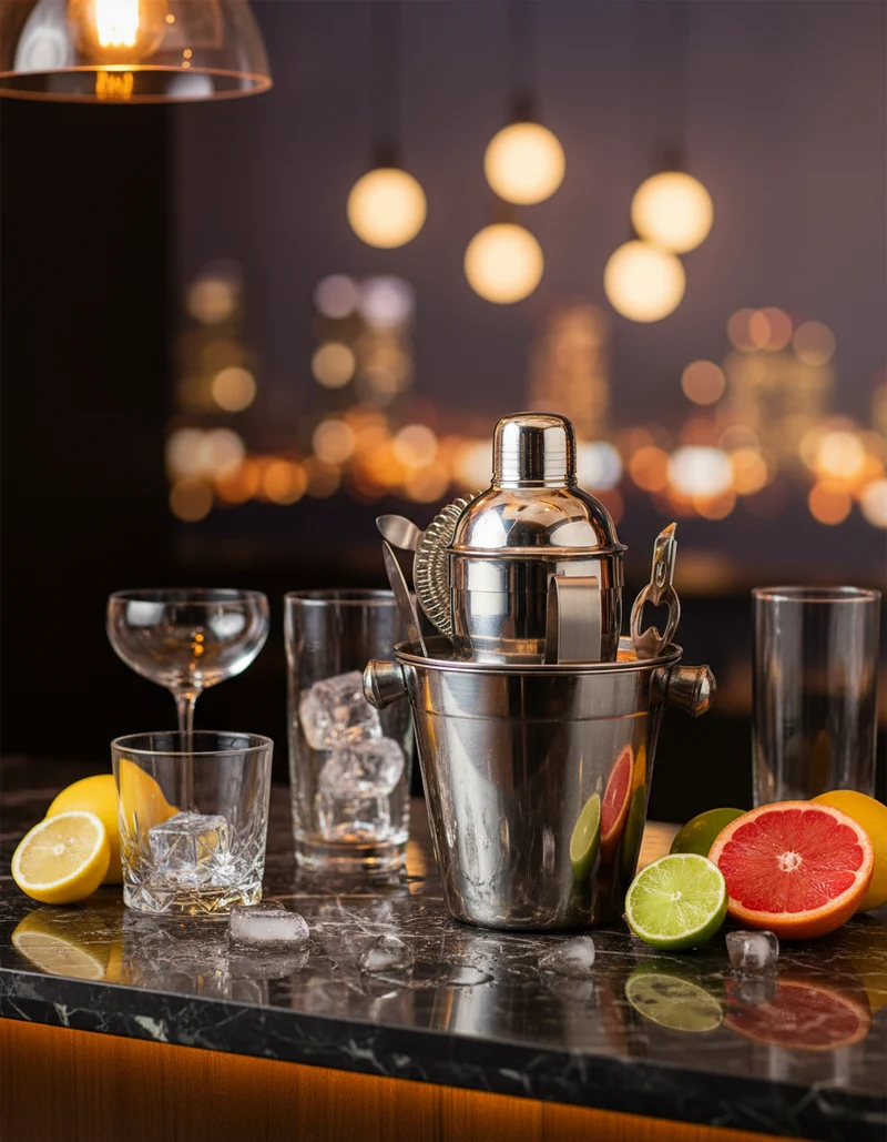 Cookinglife Barset RVS 6-teilig - Cocktailshaker, Eiseimer, Sieb, Flaschenöffner, Zange und Messer