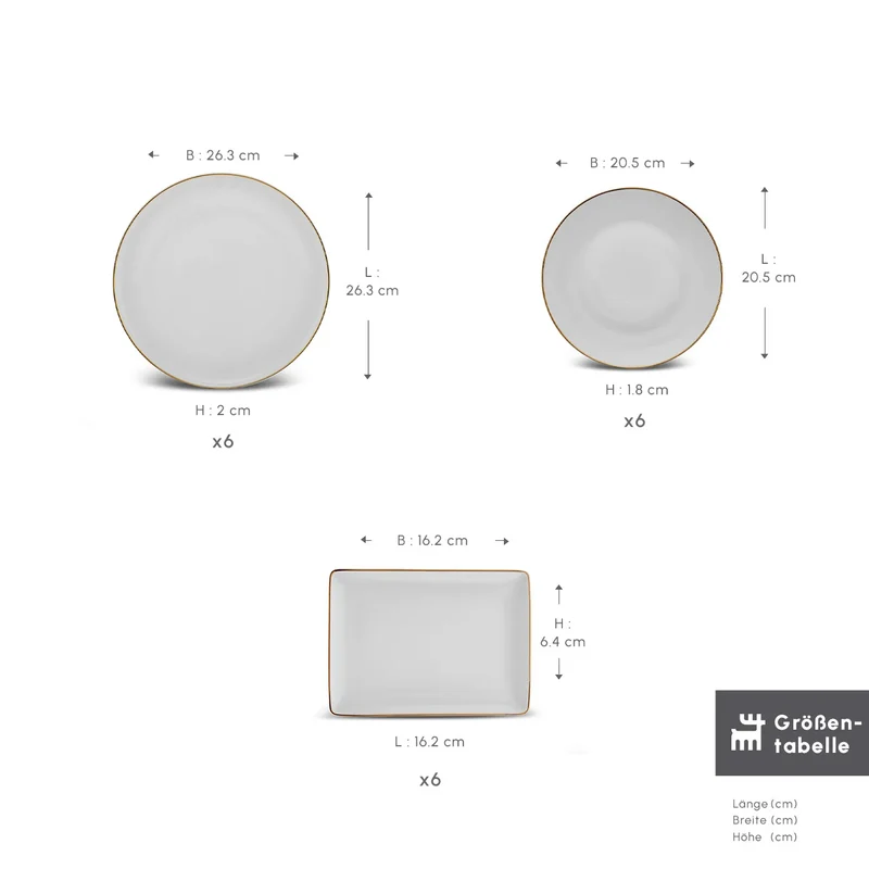 Karaca Santo für 6 Personen Geschirrset 18 Teilig, New Generation Bone, Weiß Gold
