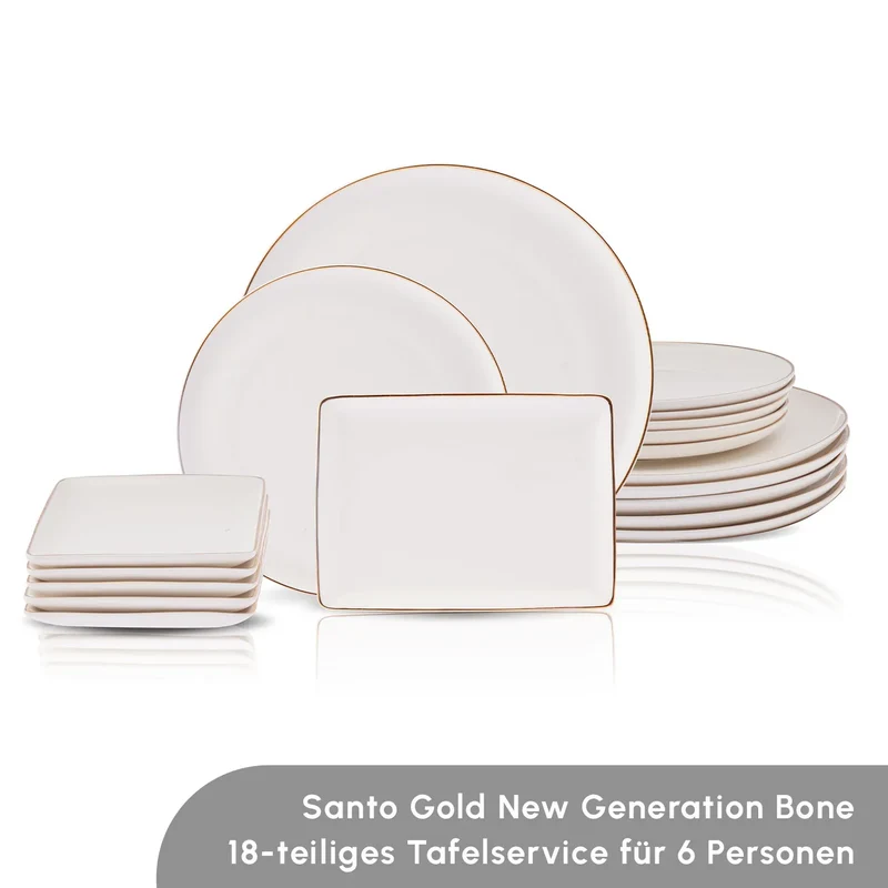 Karaca Santo für 6 Personen Geschirrset 18 Teilig, New Generation Bone, Weiß Gold