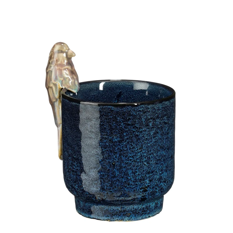 Blauer Blumentopf mit Vogelmotiv - H17 x D11 cm