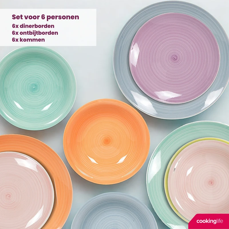 Cookinglife Pastel Harmony 18-teiliges Geschirrset / 6 Personen – 6 Speiseteller, 6 Frühstücksteller und 6 tiefe Teller