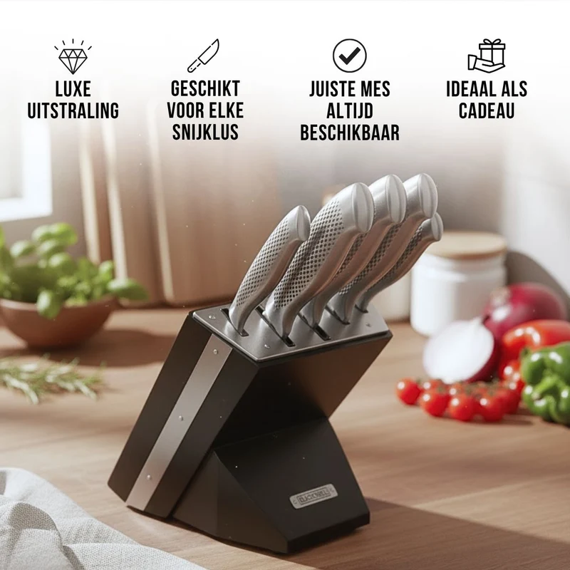 Blackwell Messerblock - Noire - Kochmesser, Santokumesser, Brotmesser, Officemesser & Schälmesser 6-teilig