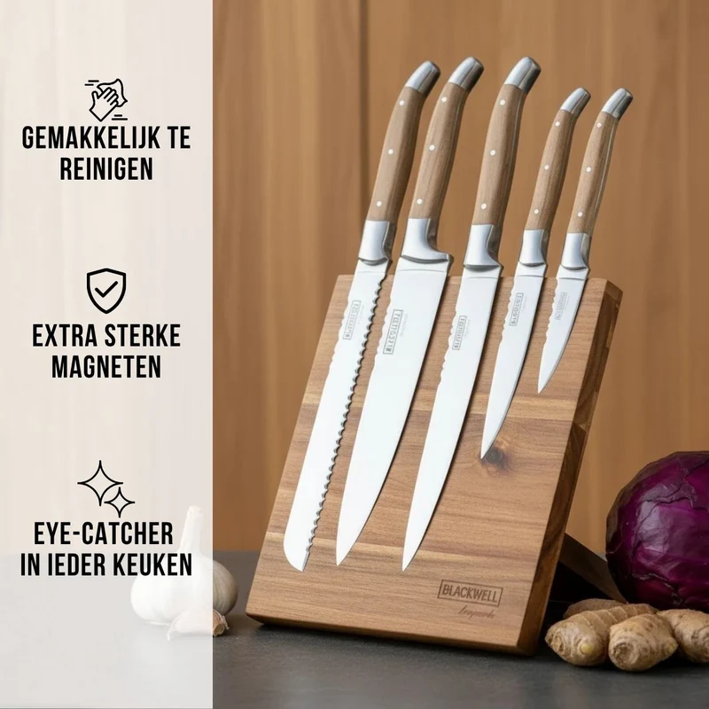 Blackwell Messerblock - Laguiole - Olivenholz - Kochmesser, Brotmesser, Fleischmesser, Officemesser & Schälmesser 6-teilig