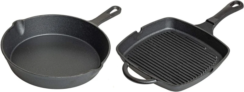 Blackwell Pfannenset Gusseisen – Bratpfanne Ø 25 cm und Grillpfanne 23 x 23 cm – geeignet für alle Wärmequellen – ohne Antihaftbeschichtung