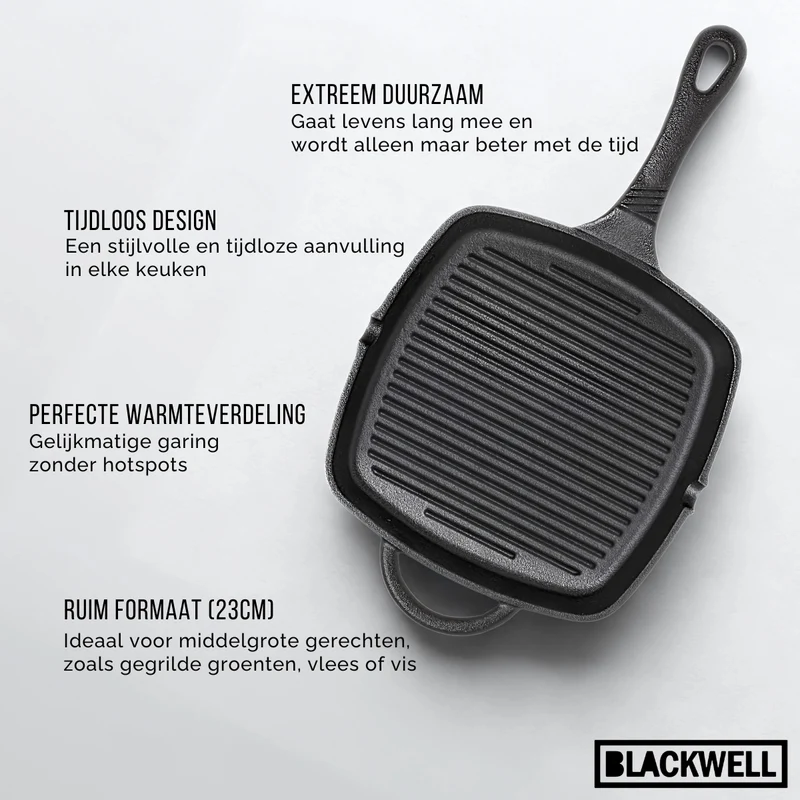 Blackwell Grillpfanne aus Gusseisen / Skillet 23 x 23 cm – ohne Antihaftbeschichtung – geeignet für alle Herdarten