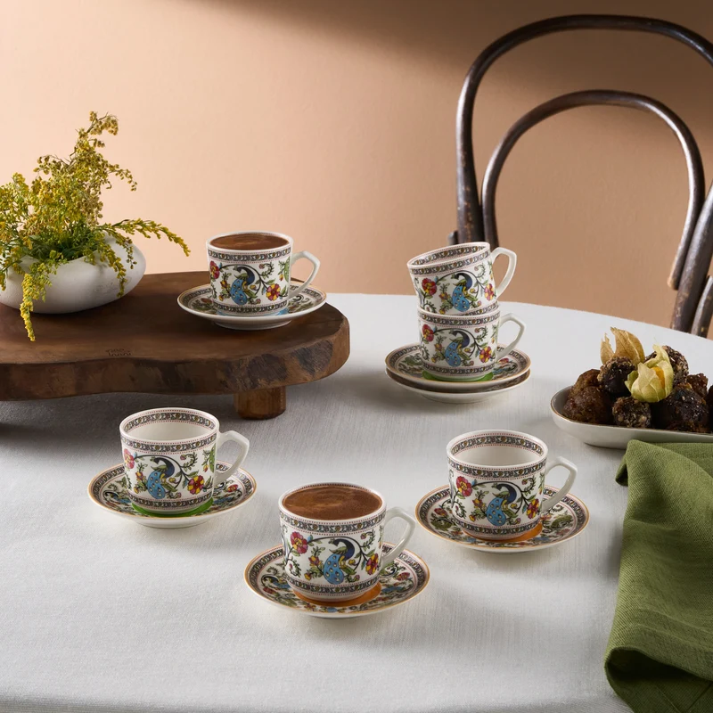 Karaca Yasemen 12-teiliges Bone China Espresso Türkisch-Kaffeetassen-Set für 6 Personen, 80 ml, Mehrfarbig