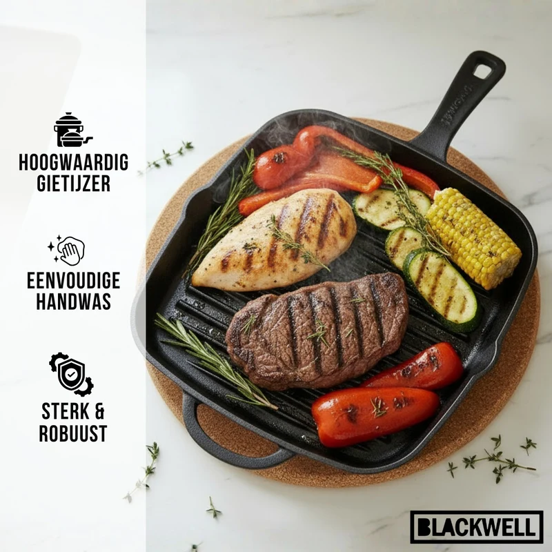 Blackwell Grillpfanne aus Gusseisen 26 x 26 cm – ohne Antihaftbeschichtung – geeignet für alle Herdarten