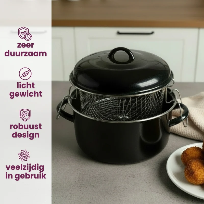 Cookinglife Emaille Oliebollenpfanne / Fritteuse - Bräter - mit Mand - Kochen - ø 24 cm