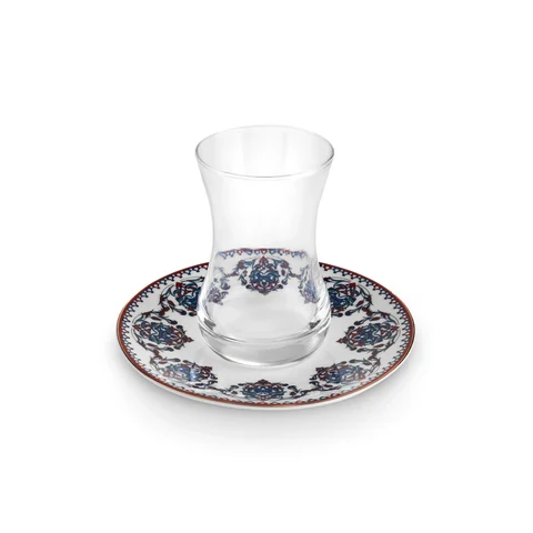 Karaca Nakkas 12-teiliges Türkisches Teeset aus Bone China für 6 Personen, 130 ml, Rot