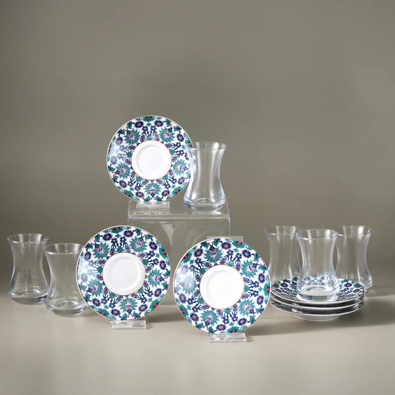 Karaca Edirne 12-teiliges Bone-China Türkisches Teeset für 6 Personen, 130 ml, Mehrfarbig