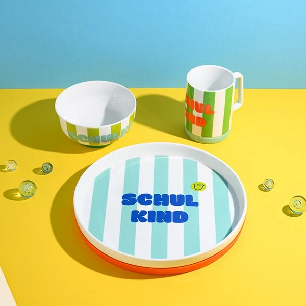 Porzellan-Set Schulkind Streifen, türkis und grün