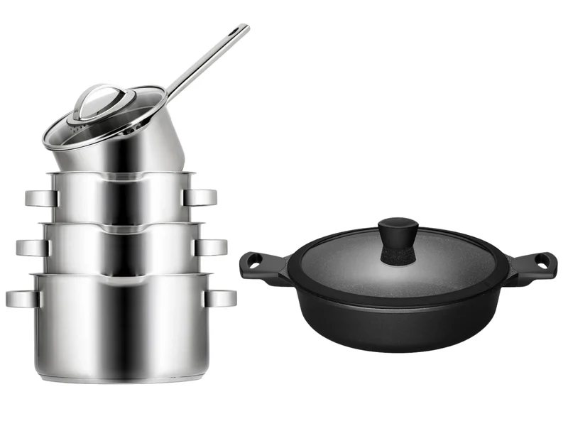 Sola Topfset Pearl 4-teilig – Edelstahl – downdraft-geeignet + Sola Schmorpfanne Fair Ø 28 cm – geeignet für alle Herdarten