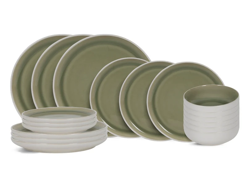 Cookinglife Geschirrset Mosgrün 18-teilig / 6 Personen - 6 Dinner-Teller, 6 Frühstücksteller und 6 Schalen