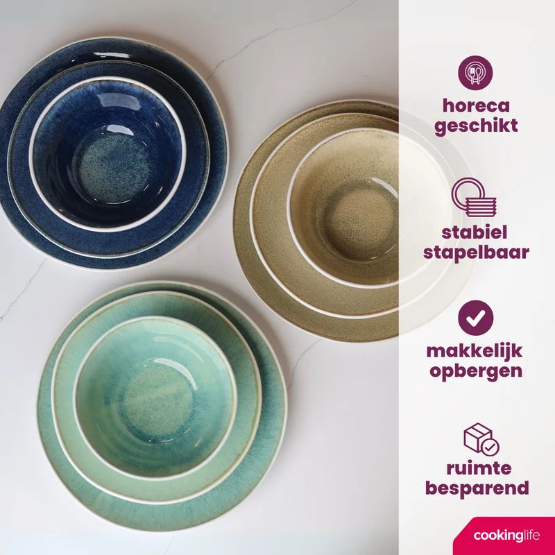 Cookinglife Geschirrset Belize 18-teilig / 6 Personen - 6 Speiseteller ø 25 cm, 6 Frühstücksteller ø 21 cm, 6 Suppenschalen ø 15 cm