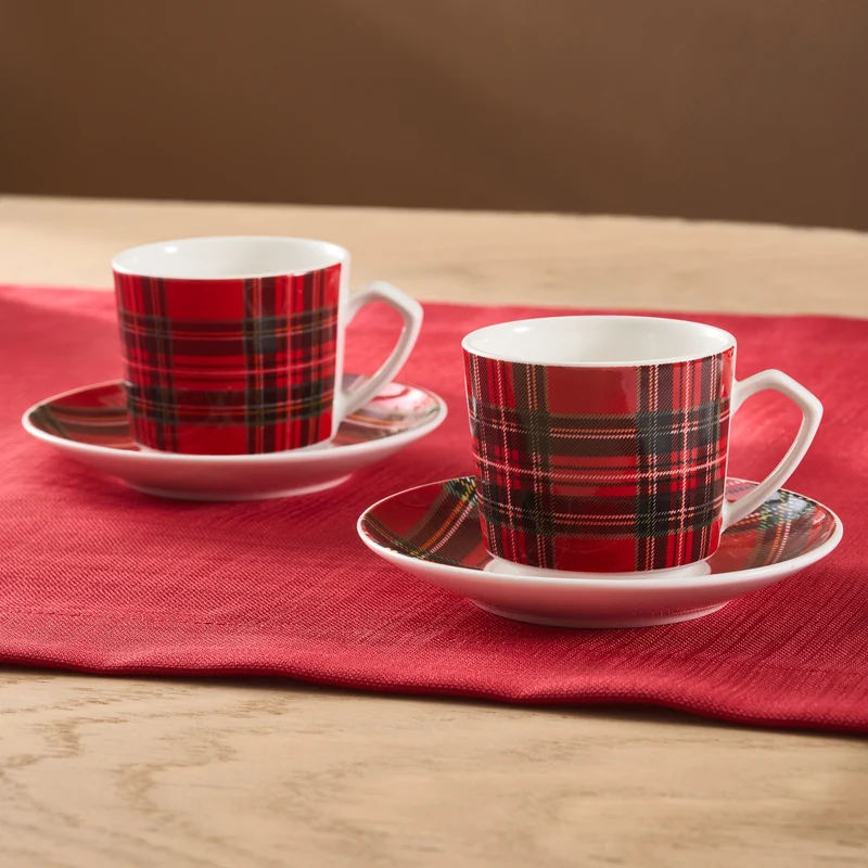Karaca Ekose V2 4-teiliges Bone China Espresso Türkisch-Kaffeetassen-Set für 2 Personen, 80 ml, Rot