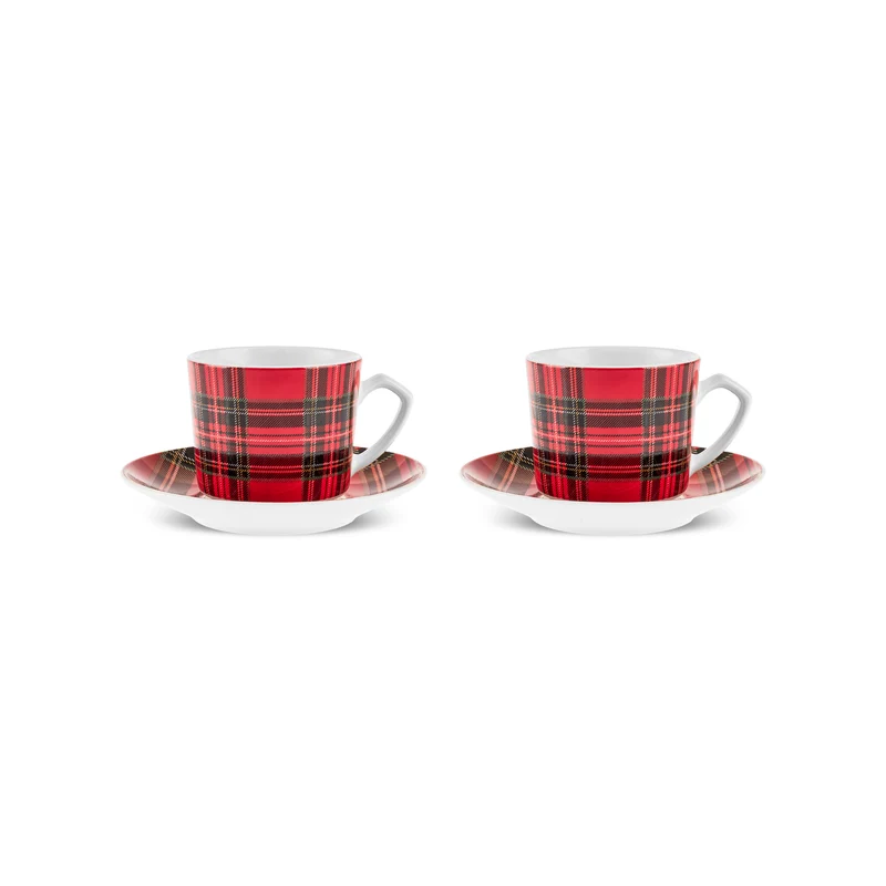 Karaca Ekose V2 4-teiliges Bone China Espresso Türkisch-Kaffeetassen-Set für 2 Personen, 80 ml, Rot