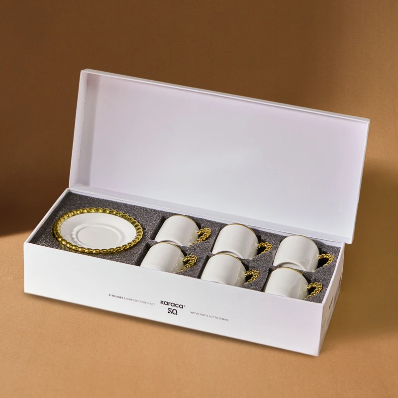 Karaca Boncuk 12-teiliges Bone China Espresso Türkisch-Kaffeetassen-Set für 6 Personen, 80 ml, Weiß Gold