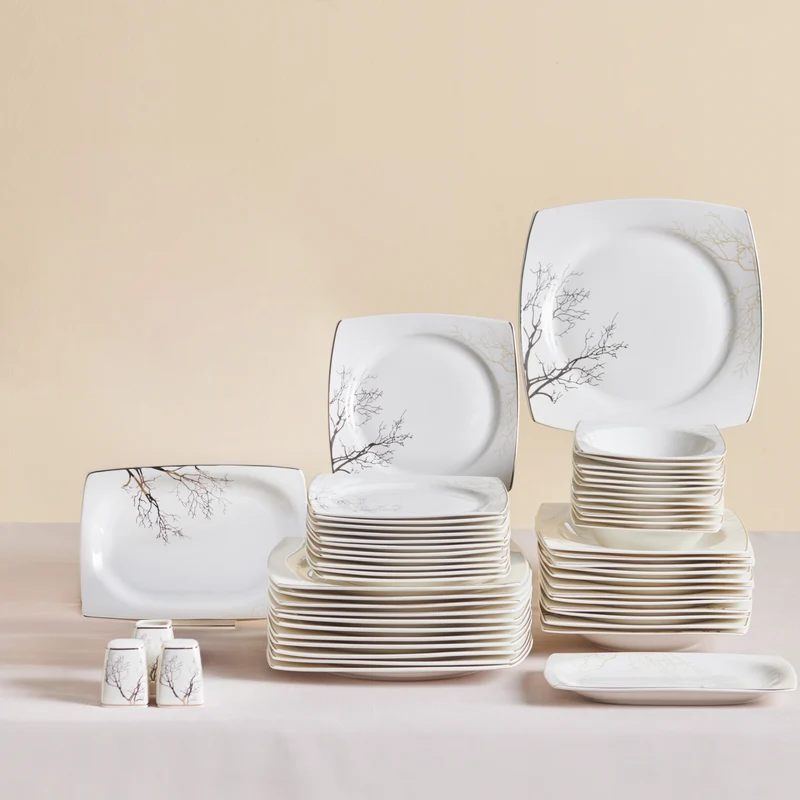 Karaca Square Bone China Autumn 53-teiliges Tafelservice für 12 Personen, Weiß Mehrfarbig