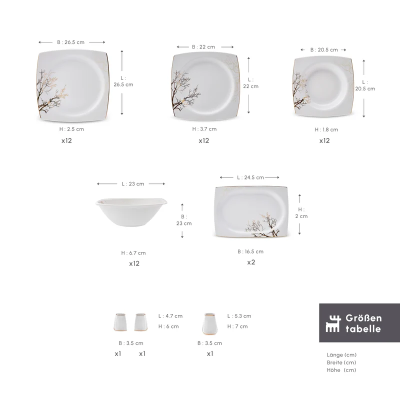Karaca Square Bone China Autumn 53-teiliges Tafelservice für 12 Personen, Weiß Mehrfarbig