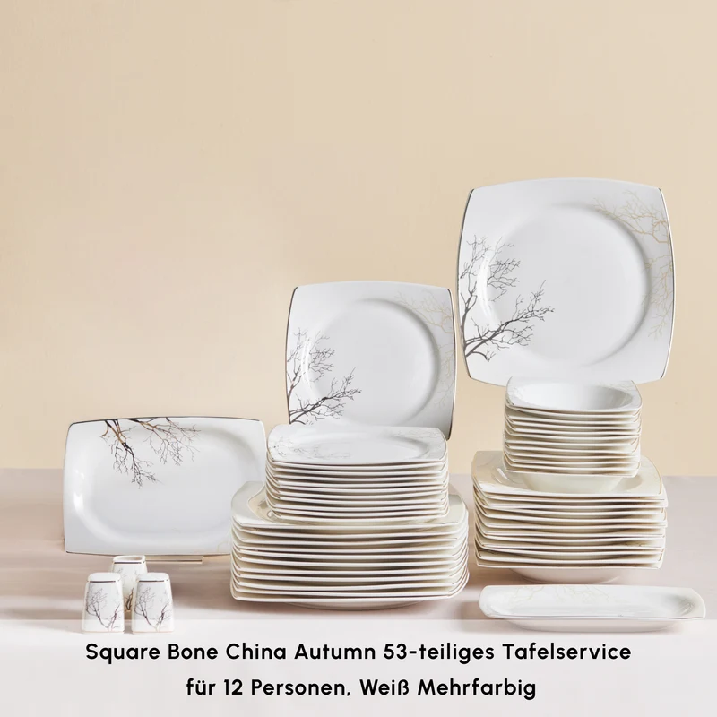 Karaca Square Bone China Autumn 53-teiliges Tafelservice für 12 Personen, Weiß Mehrfarbig